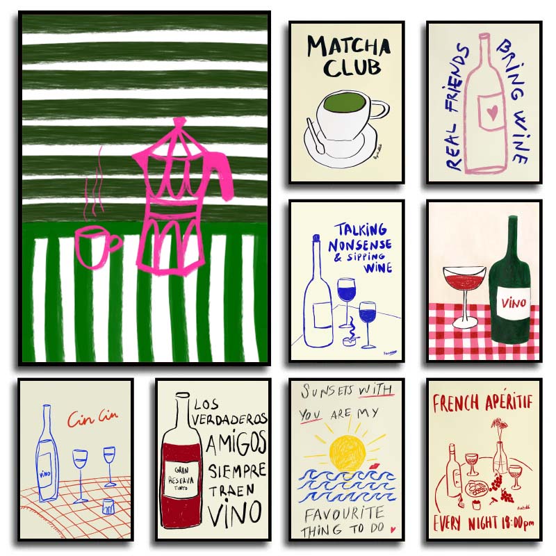 Coffee Tea Drawing - Красочные абстрактные постеры с изображением еды,