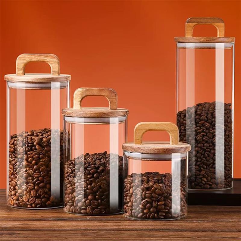 Tea Coffee Sugar Container - Прозрачная стеклянная банка с бамбуковой крышкой,