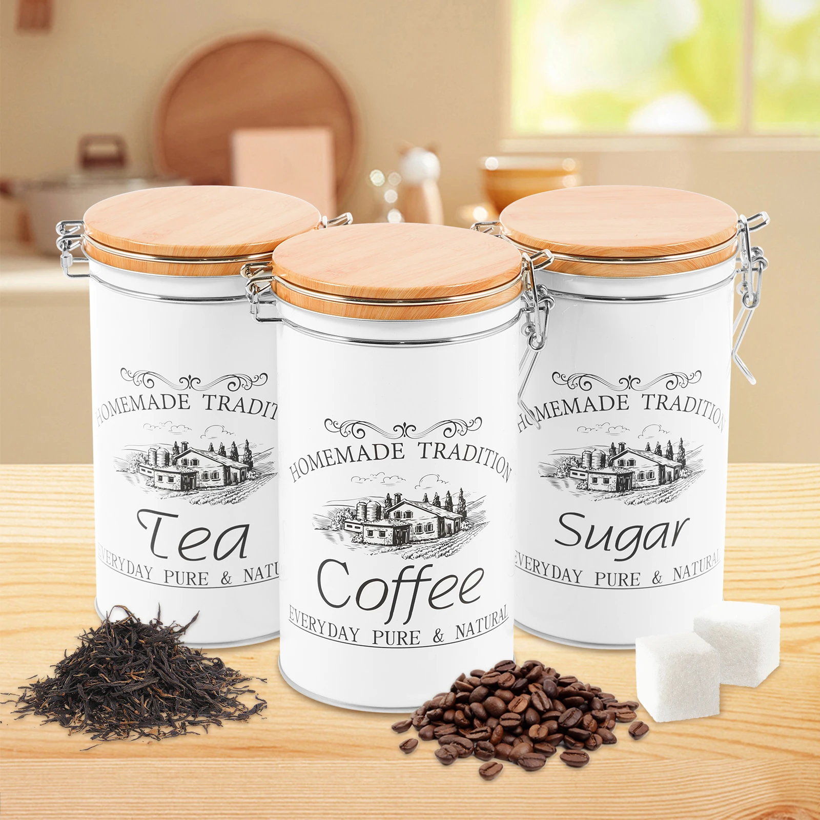 Tea Coffee Sugar Container - Набор из 3-х металлических банок для