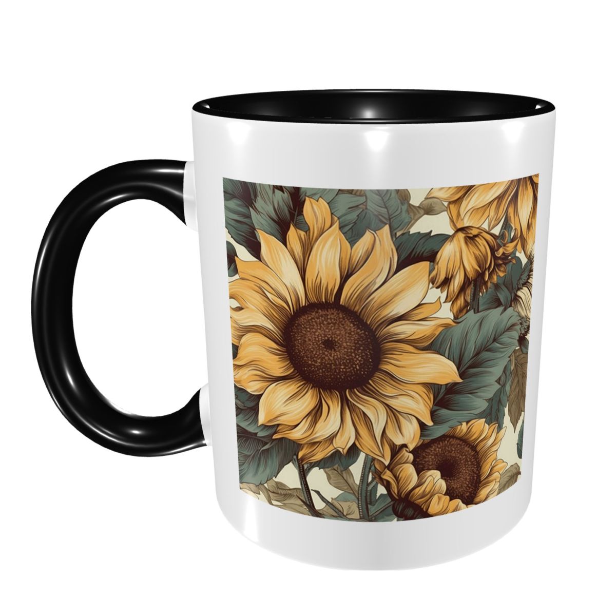 Coffee Tea Drawing - Золотая кружка с винтажным рисунком подсолнухов,