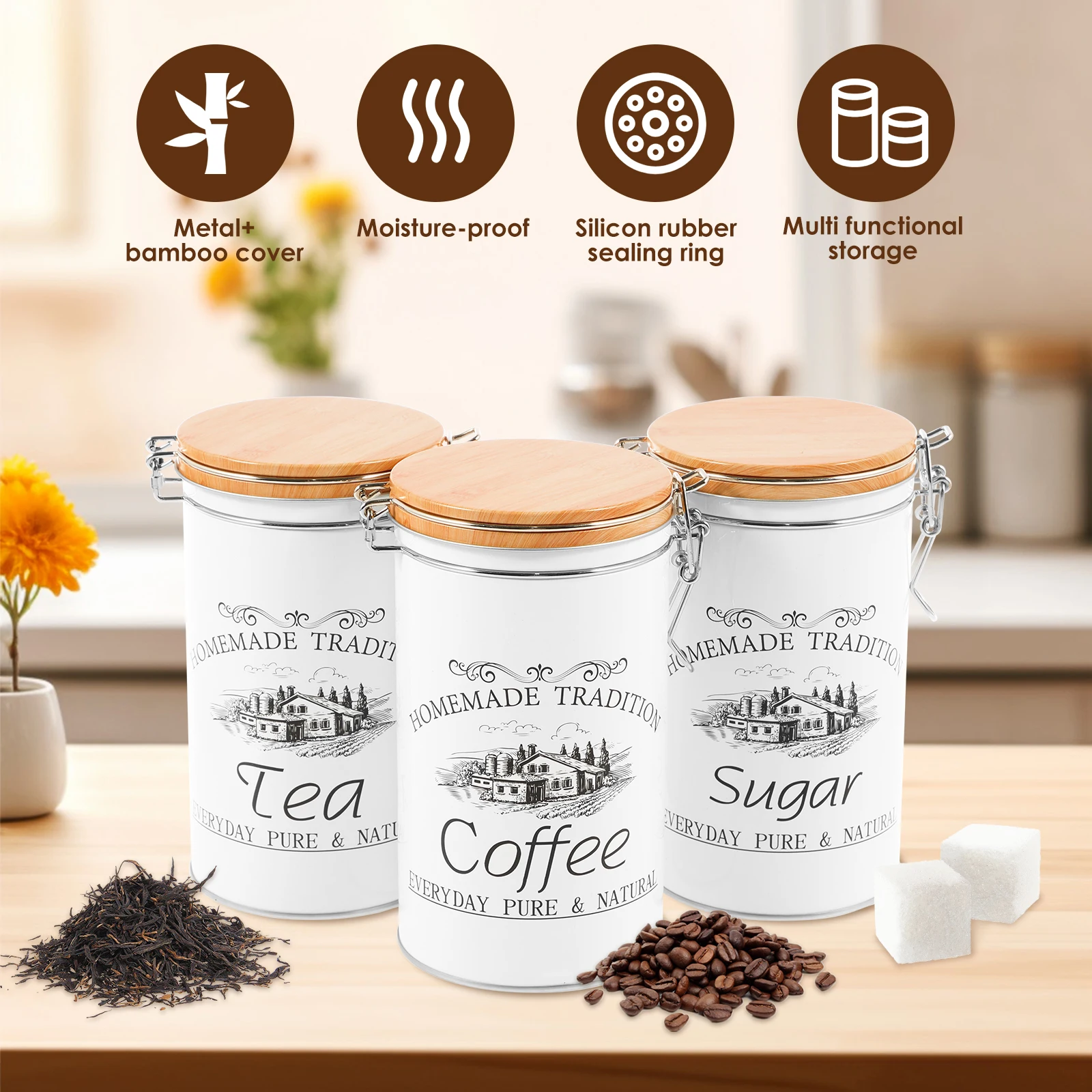 Набор из 3-х металлических бан – обзор и цена Tea Coffee Sugar Container